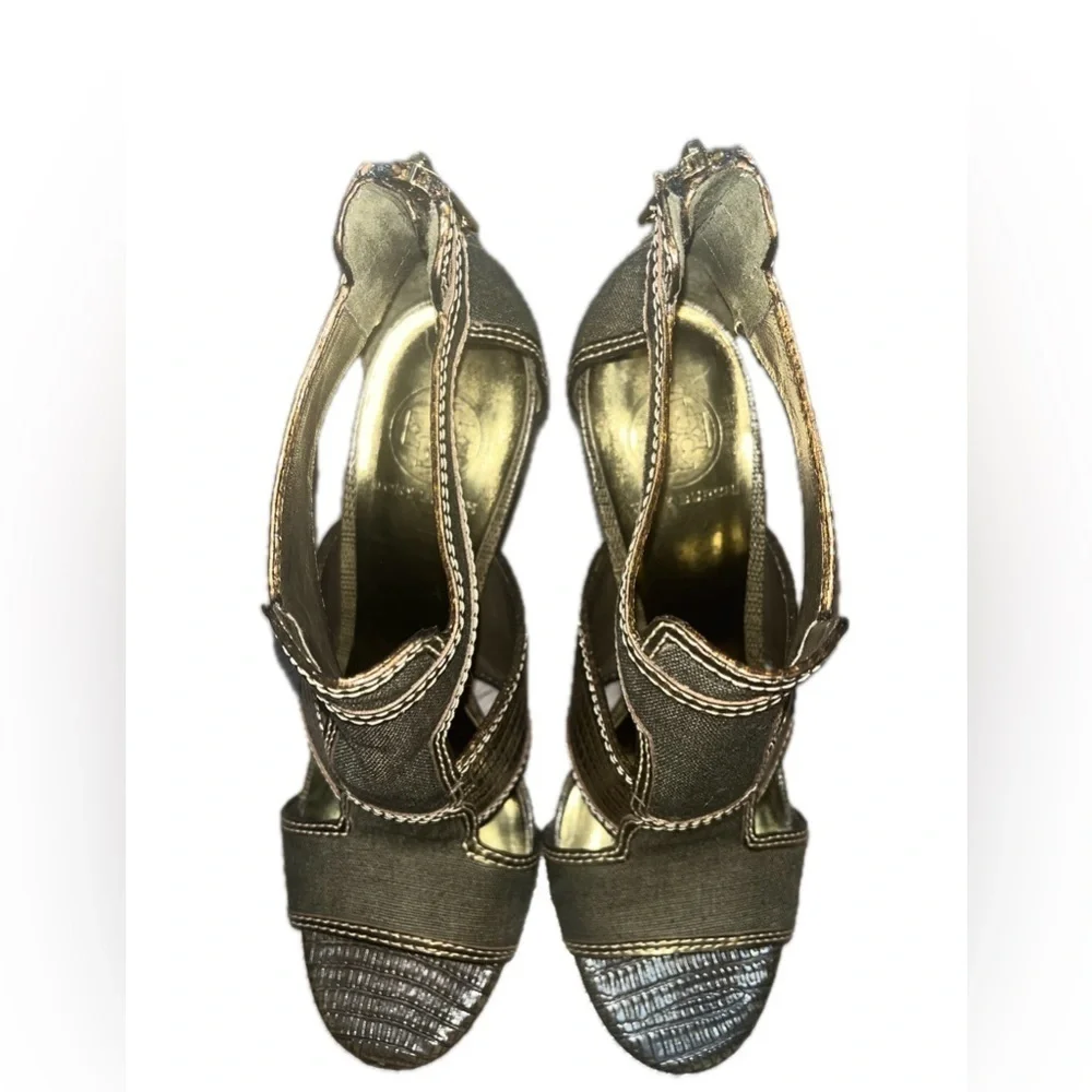 Tory Burch Geoff Olive Green & Gold Caged Heel Sandals 9.5M, Used